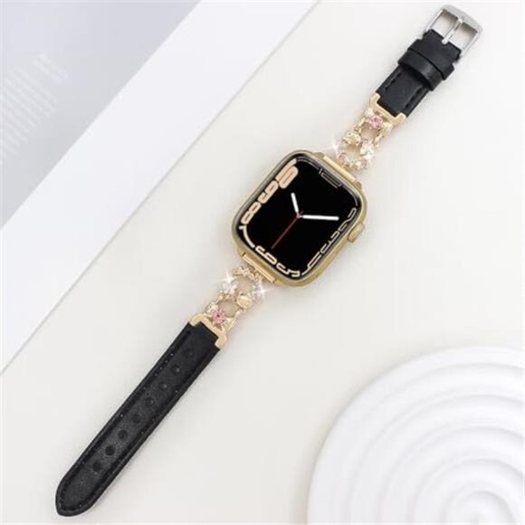 NEW Black/Gold Leather with floral design Apple Watch Band - Picture 6 of 6